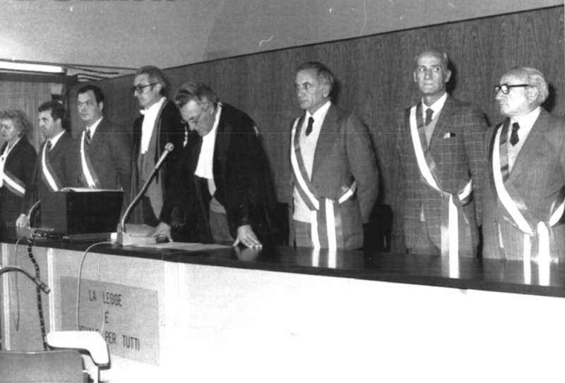 La corte durante la lettura della sentenza al processo Moro del 24 gennaio 1983.