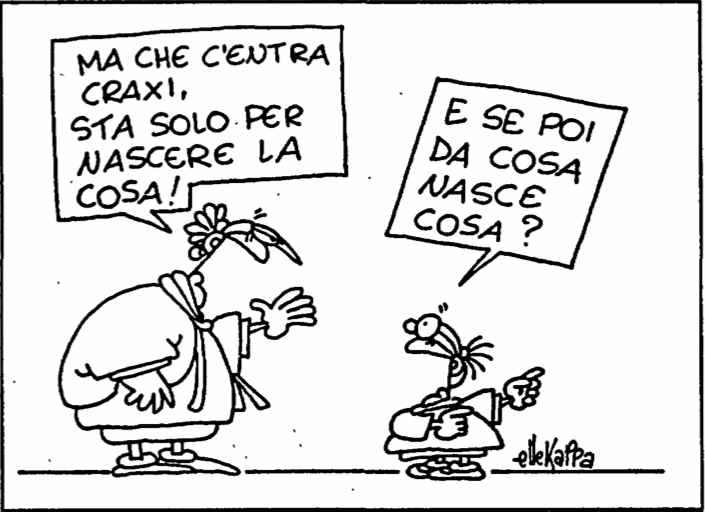 Vignetta di Ellekappa su l'Unità del 7 marzo 1990, che ironizza su “la cosa” che nascerà dal XIX congresso.